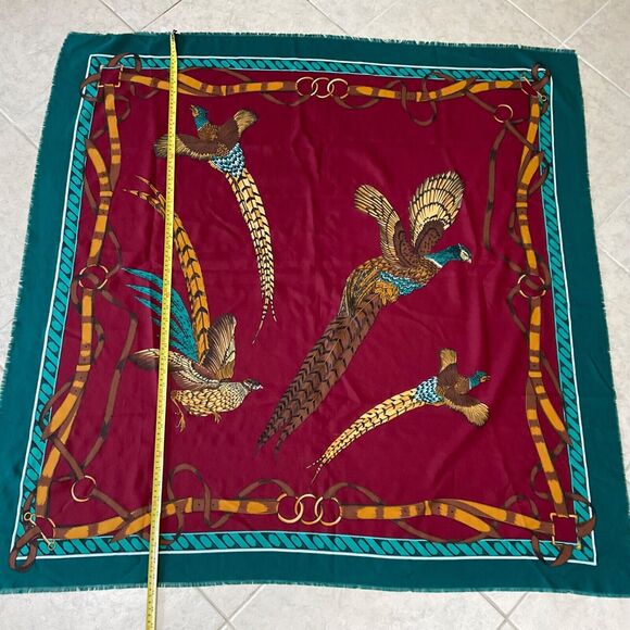 VTG Large Square Scarf Shawl Wrap Phesants/ horse Bit 45”x45”  Fringe - Picture 4 of 11